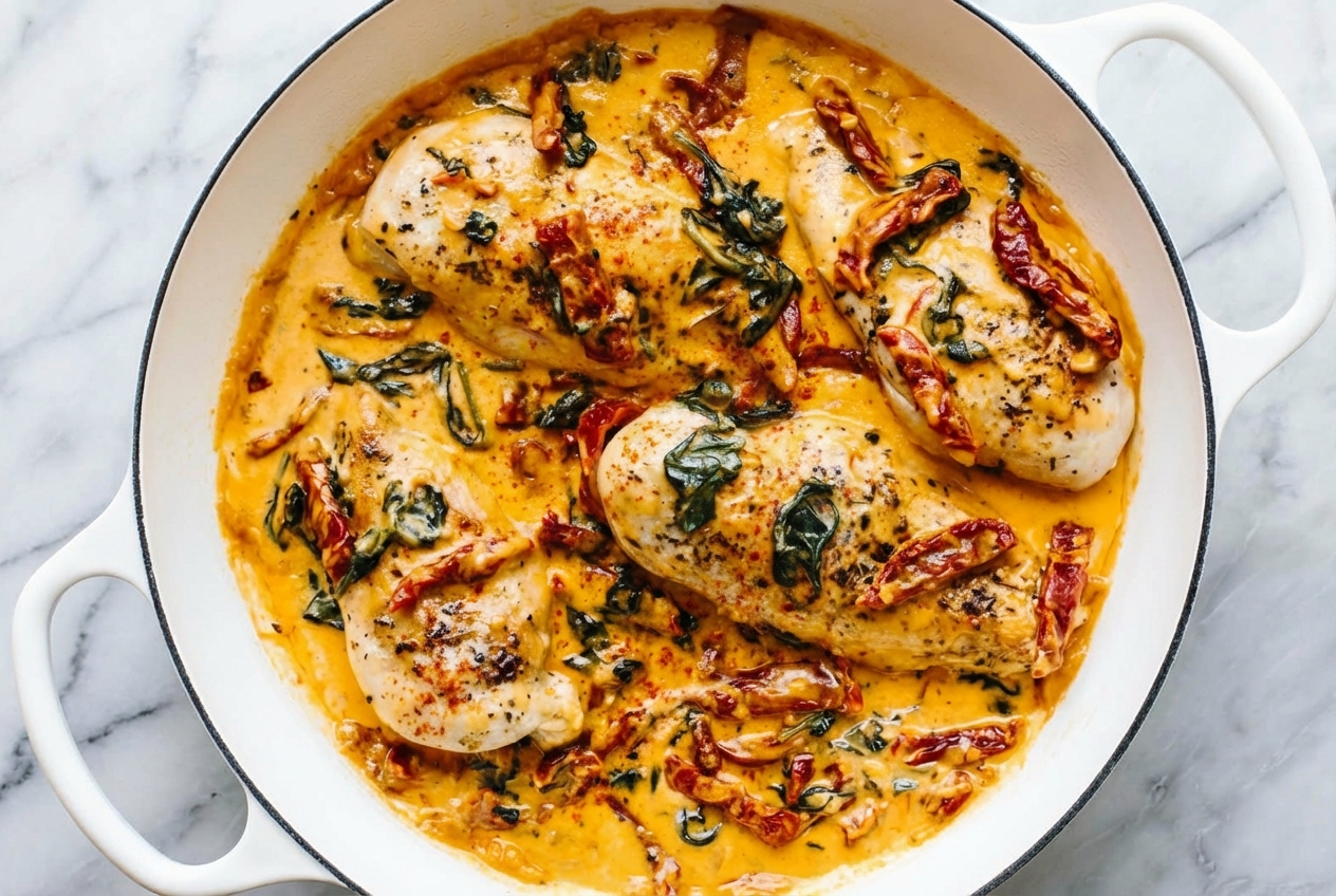 Golden chicken breast cutlets in a creamy sauce with sun-dried tomatoes and spinach on a white marble surface. Tuscan chicken recipe featuring a parmesan rind and smoked paprika infusion.