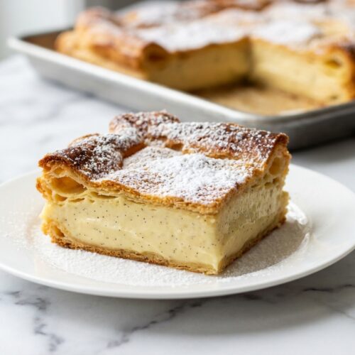 Vanilla Custard Cream Squares featuring golden brown butter choux pastry and flecks of vanilla bean on a white marble surface.