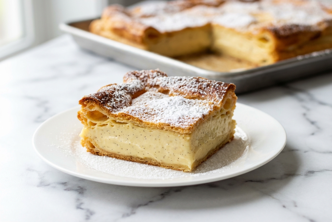 Vanilla Custard Cream Squares featuring golden brown butter choux pastry and flecks of vanilla bean on a white marble surface.