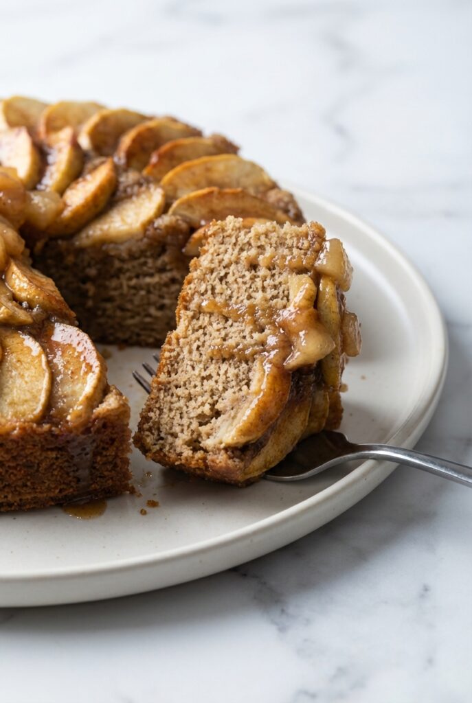 Close-up texture of moist Vegan Apple Cake showing the tender crumb and macerated apple layers in a minimalist ceramic vessel.