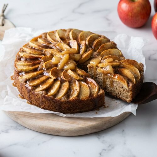 Vegan Apple Cake with browned vegan butter and macerated apples on a white marble surface with natural window lighting.
