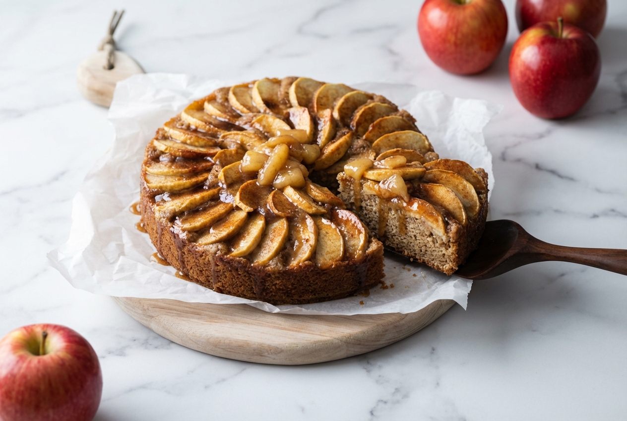 Vegan Apple Cake with browned vegan butter and macerated apples on a white marble surface with natural window lighting.
