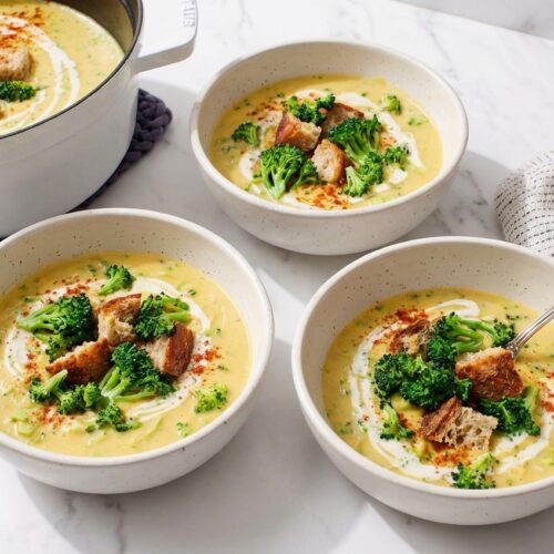 Creamy Vegan Broccoli Soup topped with smoked paprika and white miso drizzle in a minimalist ceramic vessel on a white marble surface.