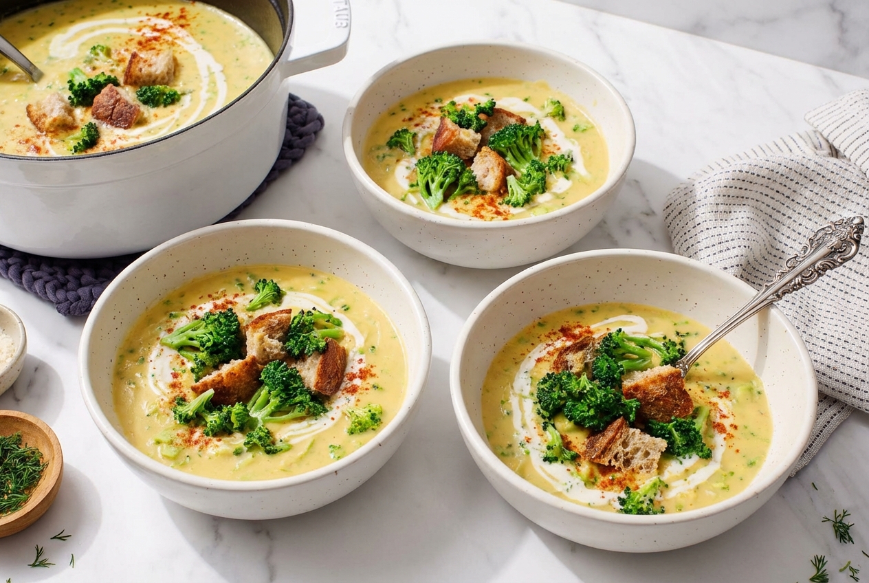 Creamy Vegan Broccoli Soup topped with smoked paprika and white miso drizzle in a minimalist ceramic vessel on a white marble surface.