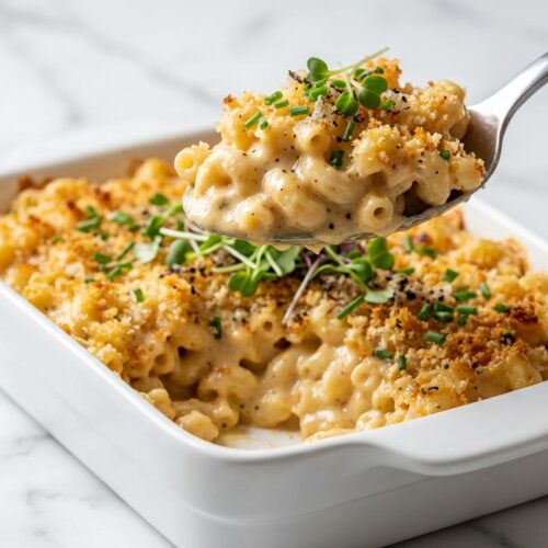 Creamy Vegan Mac and Cheese in a minimalist ceramic bowl on white marble, featuring a rich miso-infused cheese sauce.