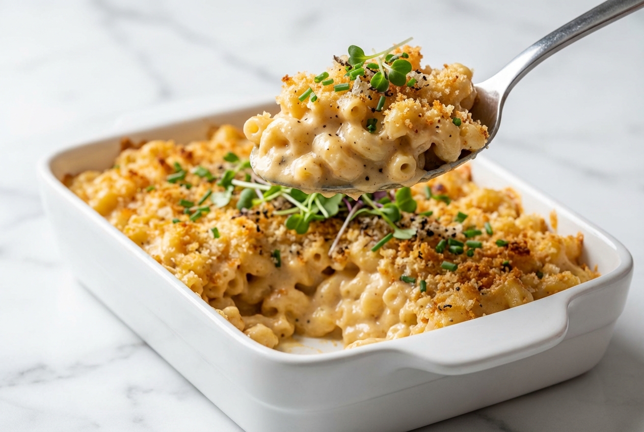 Creamy Vegan Mac and Cheese in a minimalist ceramic bowl on white marble, featuring a rich miso-infused cheese sauce.