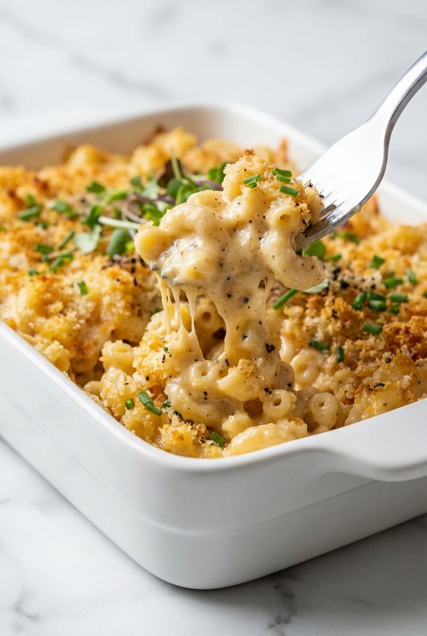 Close-up texture of velvety Vegan Mac and Cheese showing the smooth sauce and al dente macaroni under natural window lighting.