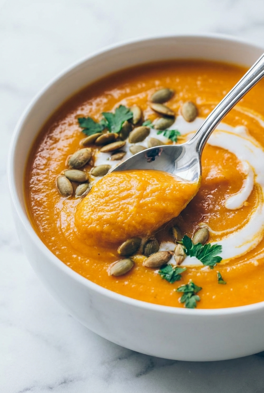 Close-up view of Vegan Pumpkin Soup being emulsified in a Dutch oven to achieve a rich, silky Maillard-enhanced texture.