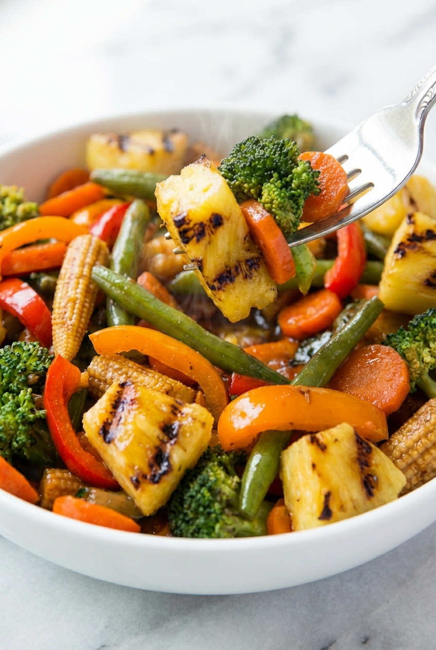 Close-up of a Vegetable Teriyaki Bowl showing the Maillard reaction on stir-fry vegetables and charred pineapple on a white marble surface.