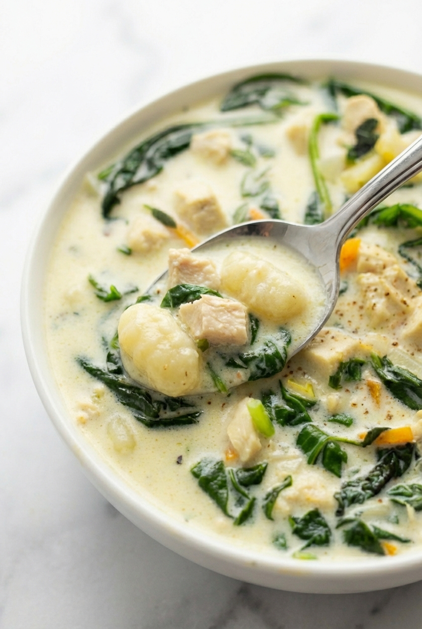 Extreme close-up of chicken gnocchi soup showing the silky texture of the broth and tender potato gnocchi under natural lighting.