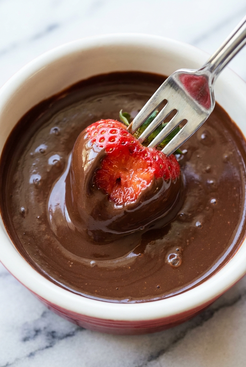 Close-up texture of a smooth chocolate fondue recipe, showing perfect emulsification under natural window lighting.