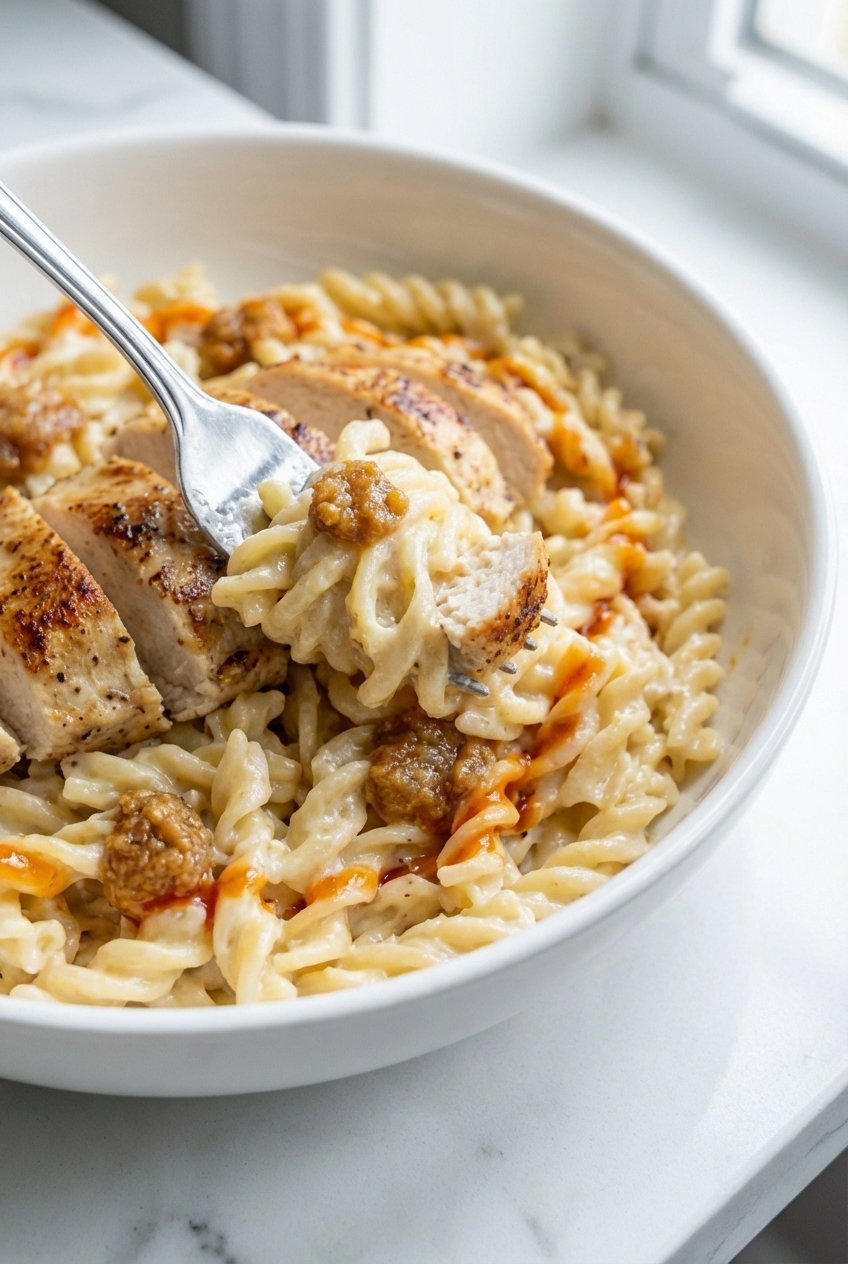 Macro texture shot of garlic parmesan chicken pasta showing perfect sauce emulsification and al dente noodles in a minimalist vessel.