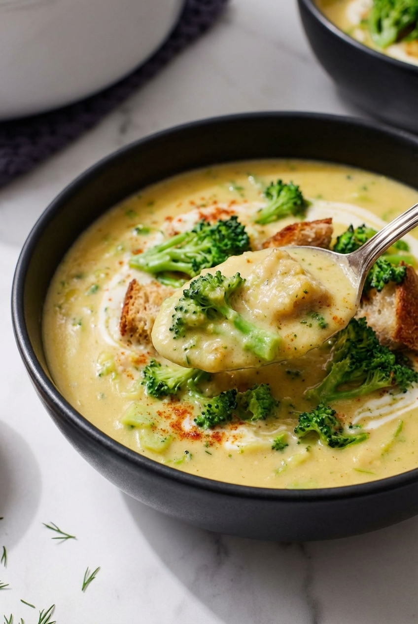 Close-up texture of thick Vegan Broccoli Soup showing the Maillard reaction depth and silky emulsion on a white marble background.