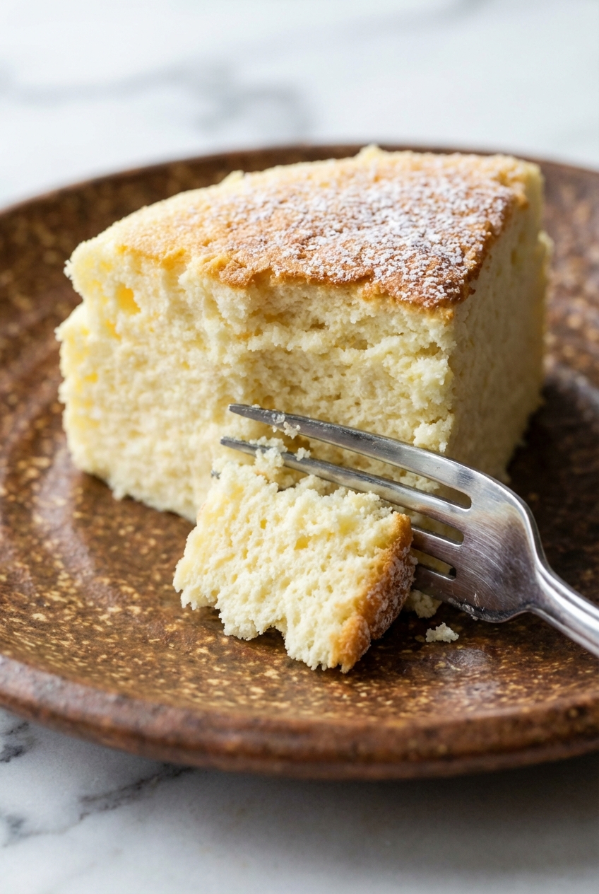 Close-up texture of 3 Ingredient Yogurt Soufflé Cake showing the fluffy crumb and airy lift from the water bath.