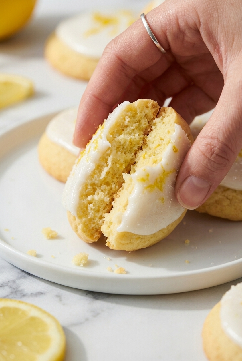 Close-up of Cheerful Lemon Cookies on parchment paper showing a professional shortbread texture and fine sugar dusting.