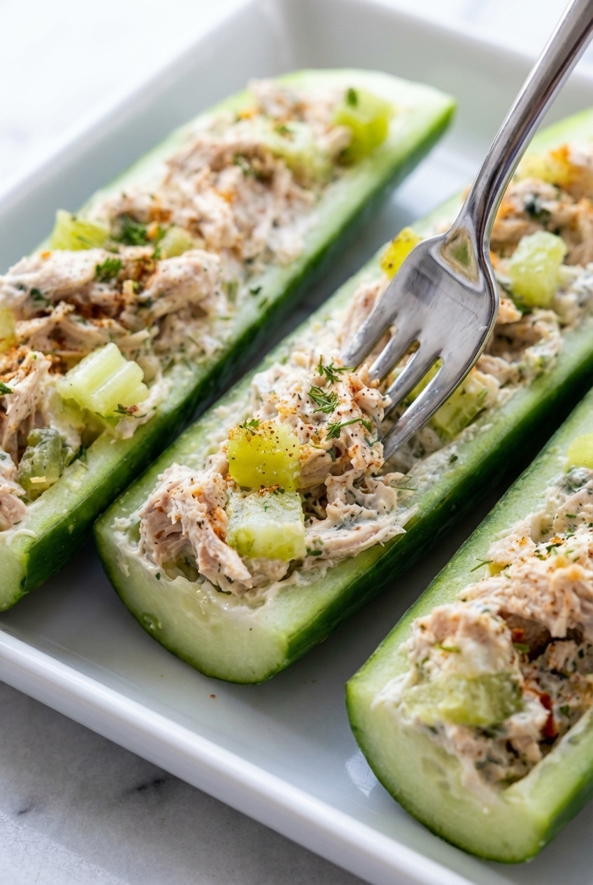 Assembling Keto Chicken Cucumber Boats in a minimalist ceramic vessel under natural window lighting.