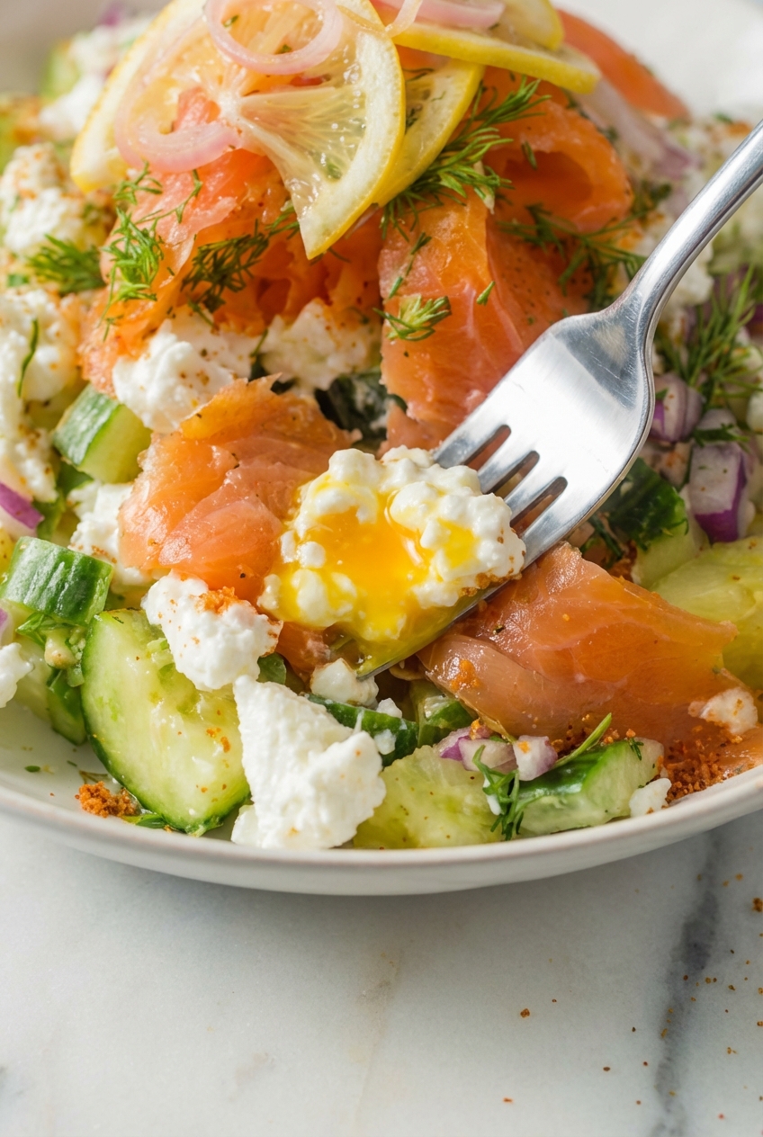 Overhead view of the Cottage Cheese Smoked Salmon Salad sprinkled with Everything Bagel Seasoning in soft window light.