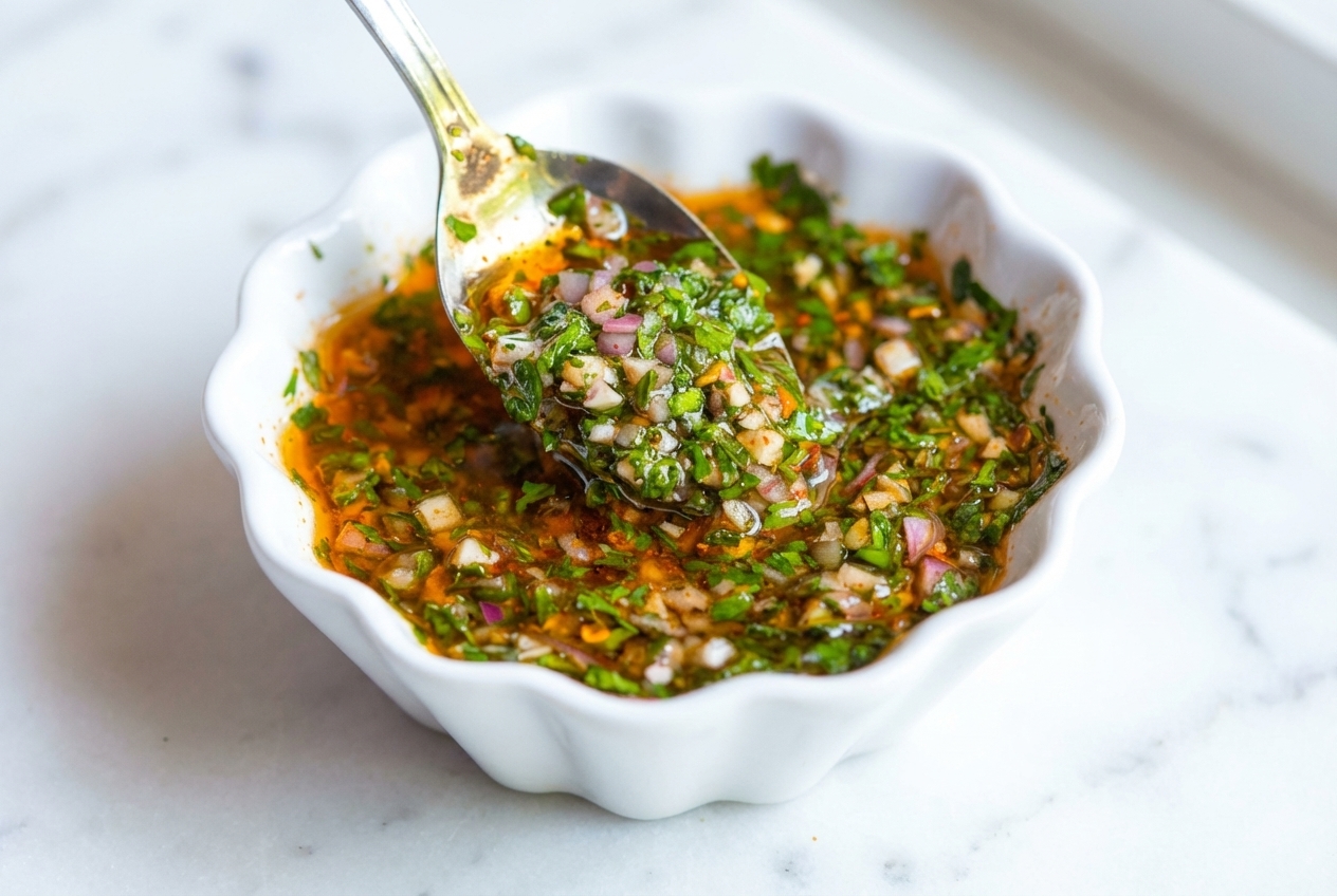 Vibrant Chimichurri Sauce in a minimalist ceramic bowl on white marble, showing the rich 'bloomed' spice oil infusion.