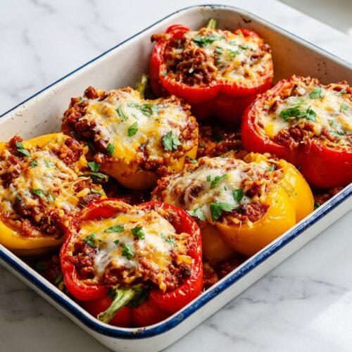 Baked Chili Mac Stuffed Peppers on white marble featuring the melted Smoked Gouda Moisture Barrier and vibrant herbs.