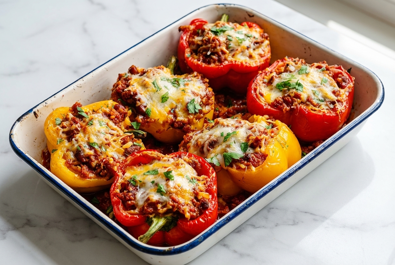 Baked Chili Mac Stuffed Peppers on white marble featuring the melted Smoked Gouda Moisture Barrier and vibrant herbs.