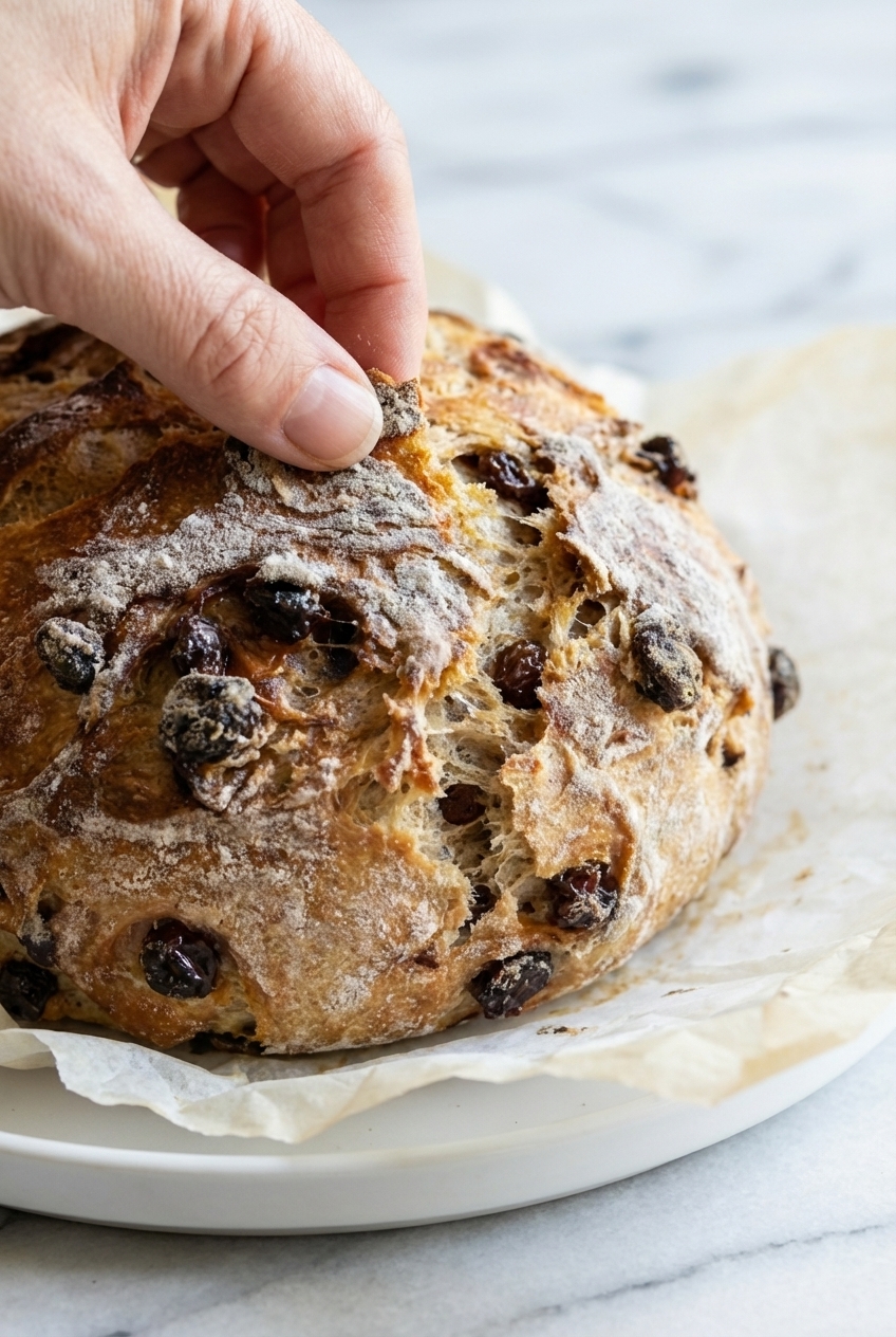 Cinnamon Raisin Artisan Bread dough on parchment paper showing the scoring technique before baking in a Dutch oven.
