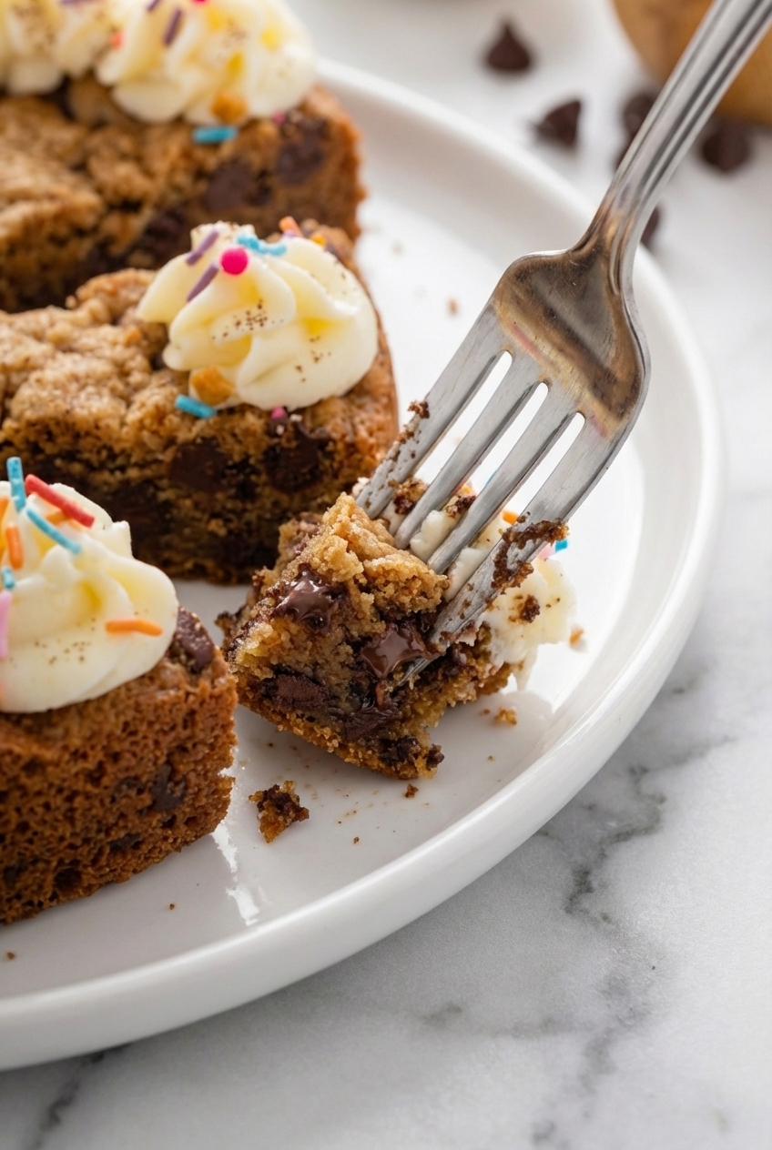 A Chocolate Chip Cookie Cake inside a springform pan lined with parchment paper, captured in natural window lighting.
