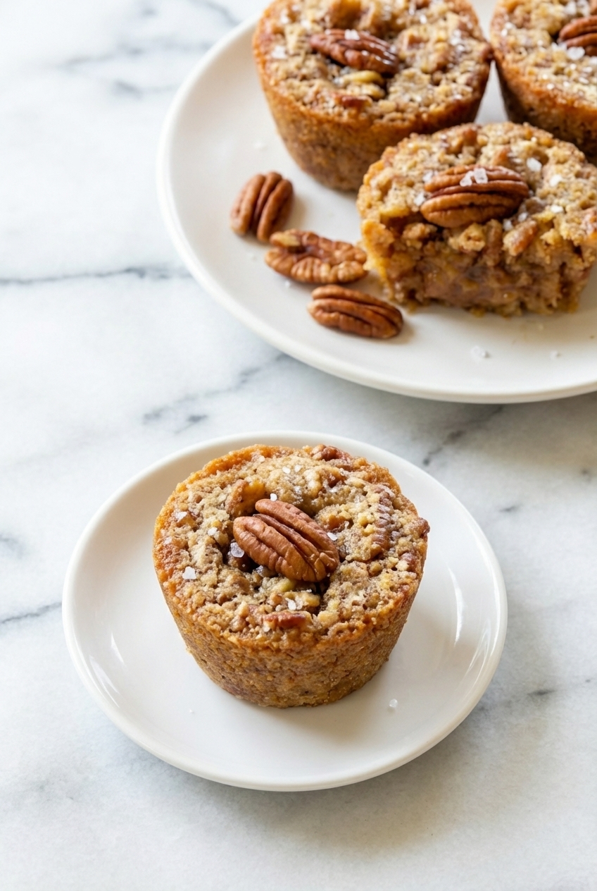 Pecan Pie Brown Sugar Muffins in a muffin tin with silicone baking cups under soft natural window lighting.