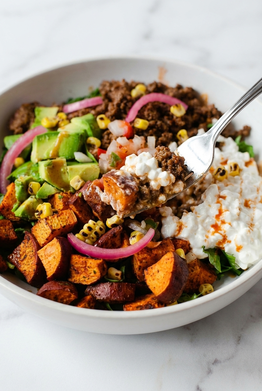Close-up of Spicy Cottage Cheese Taco Bowls showing the creamy texture and fresh arugula under natural window lighting.