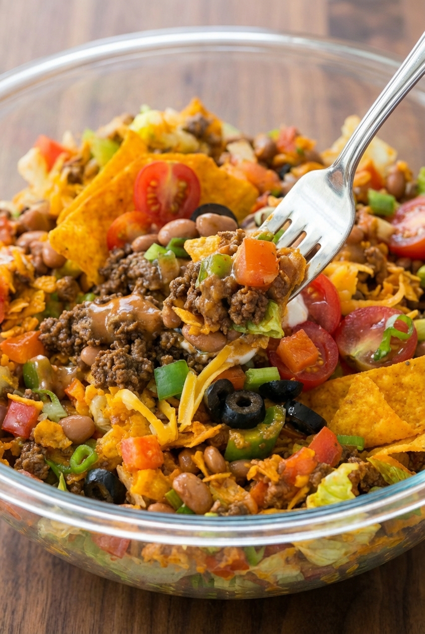 Overhead view of a perfectly balanced Dorito Beef Taco Salad showcasing the color contrast and soft natural window lighting.