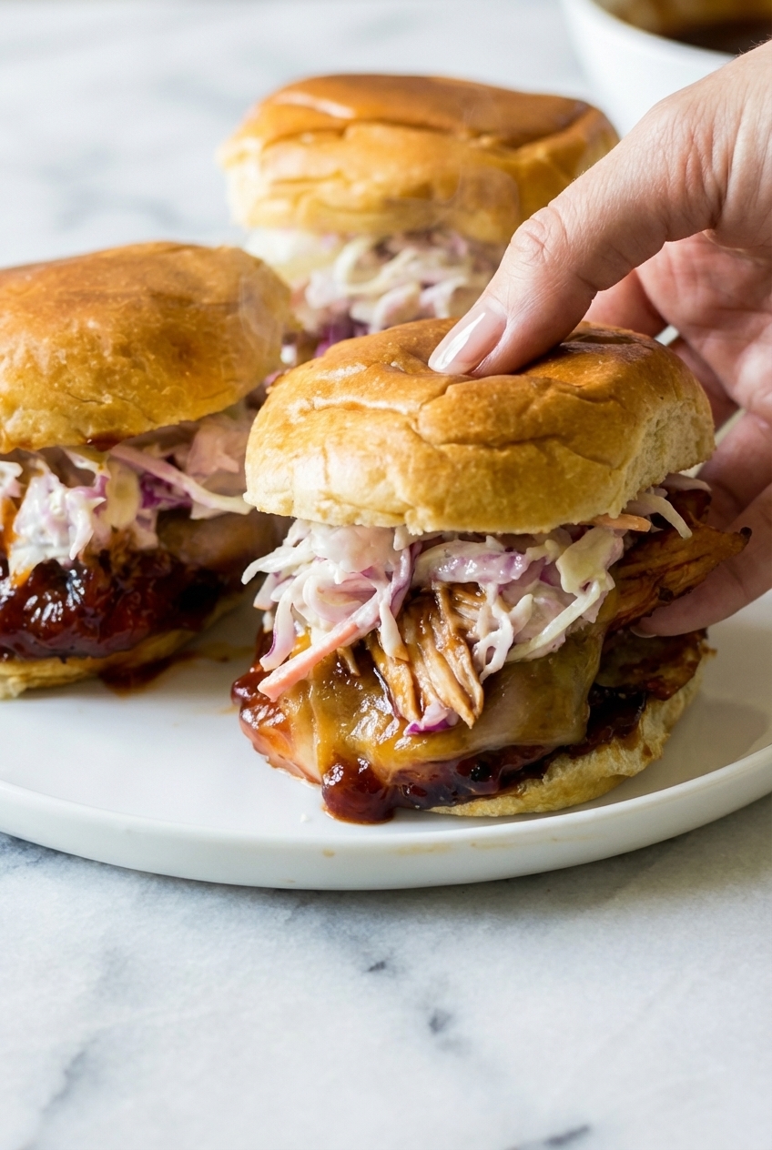 Detailed view of the Smoked Gouda layer in BBQ Chicken Sliders on a contemporary white countertop.