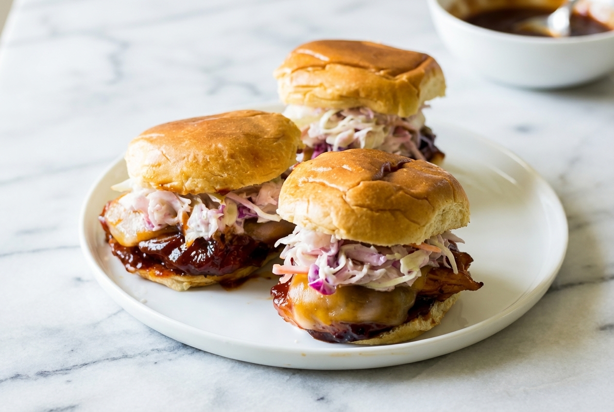 BBQ Chicken Sliders with Smoked Gouda dual-layer cheese barrier on white marble under natural lighting.