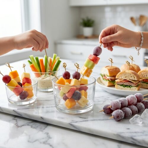 Hydration-burst frozen grape skewers on a minimalist ceramic vessel over white marble, ideal beach snacks for kids.
