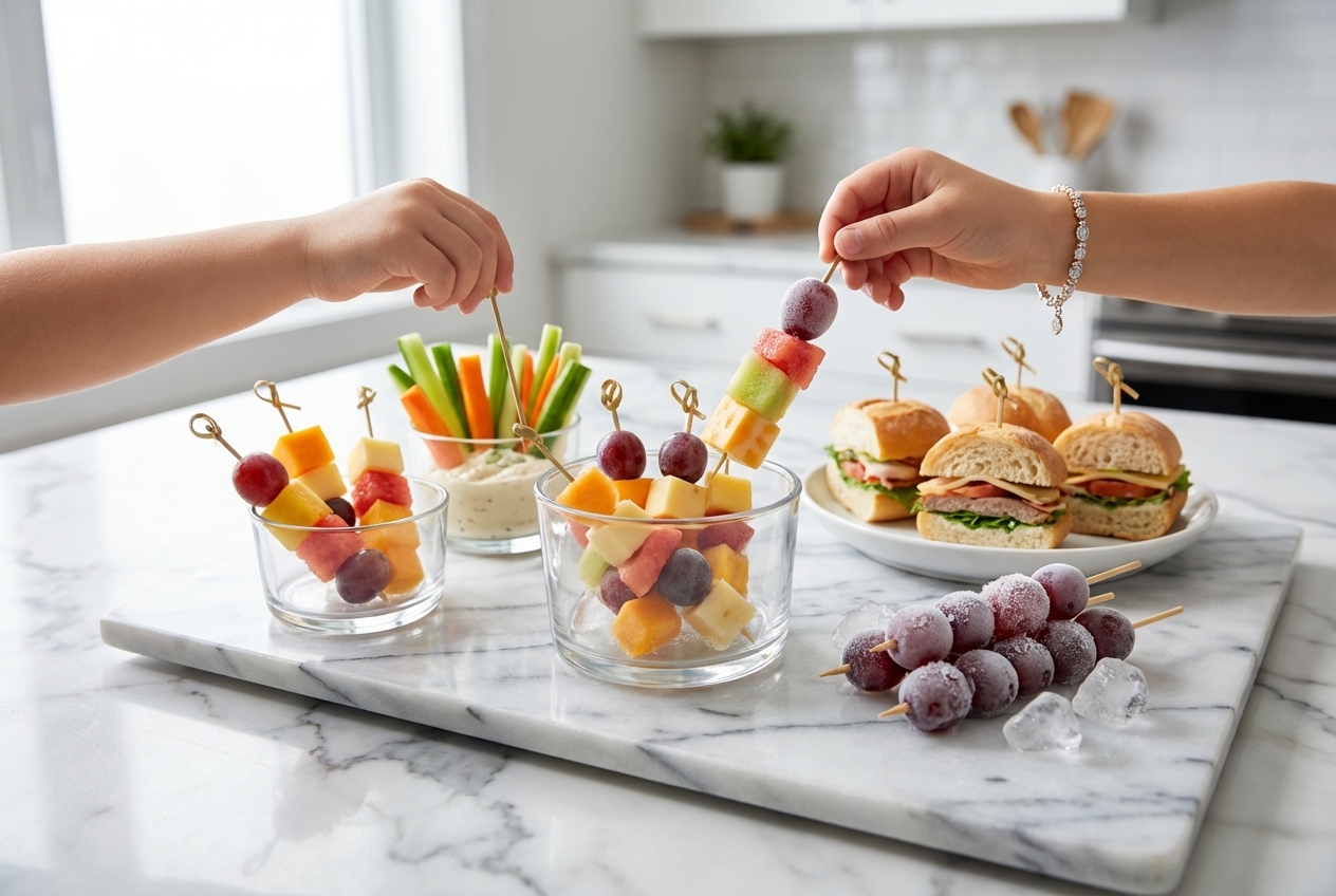 Hydration-burst frozen grape skewers on a minimalist ceramic vessel over white marble, ideal beach snacks for kids.