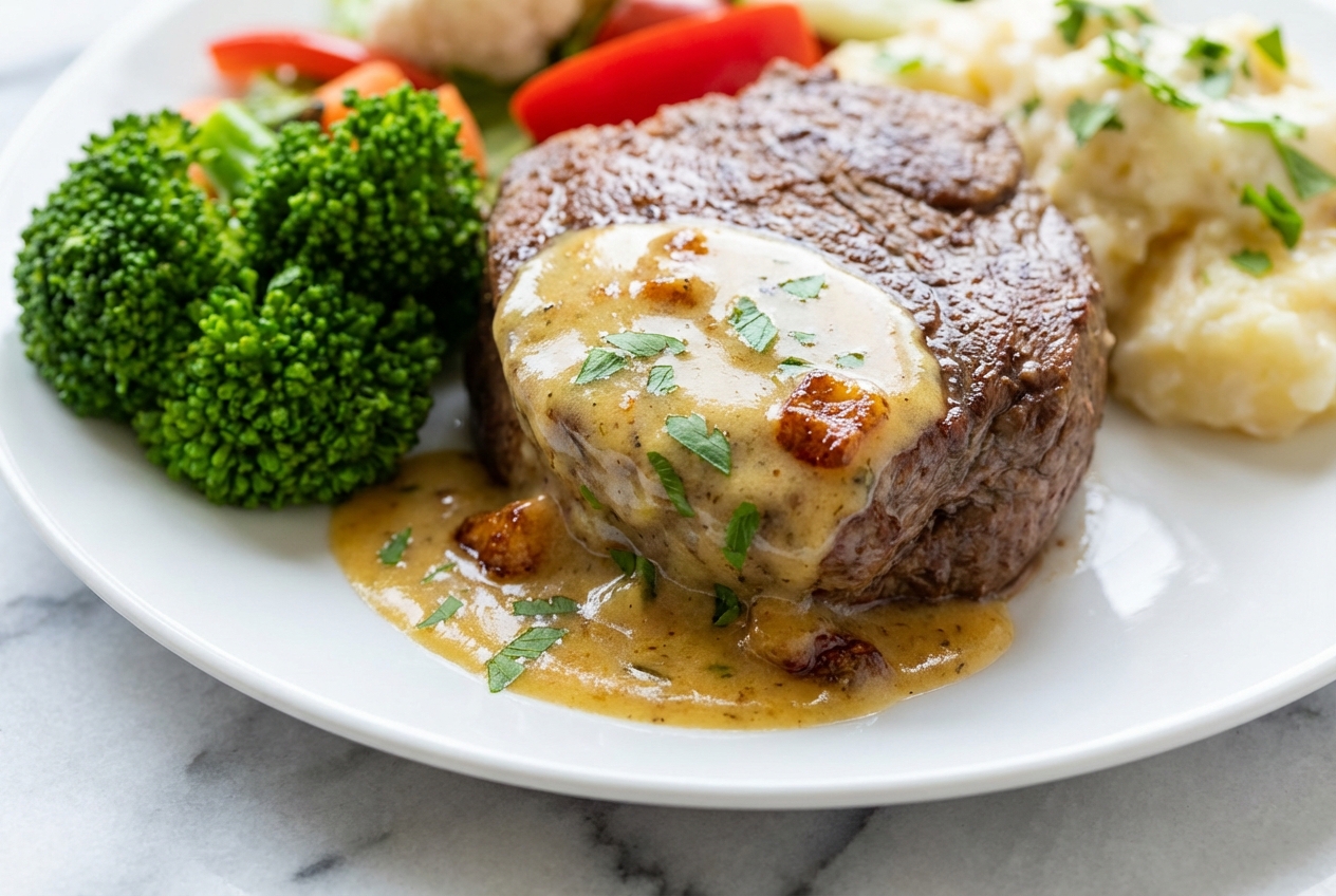 Beef Fillet with Easy Bearnaise Sauce featuring a brown butter infusion on a minimalist ceramic plate.