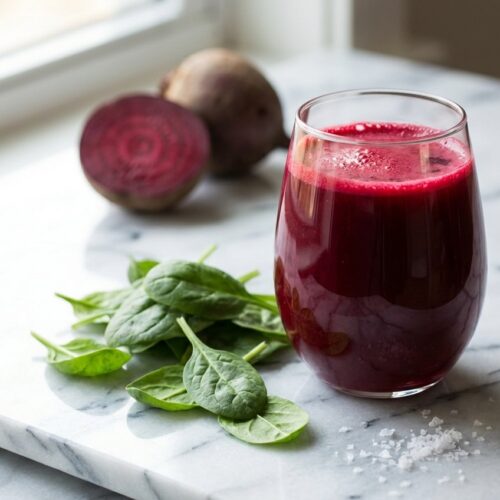 Vibrant ruby Beet Juice Recipe in a minimalist glass on white marble, garnished with fresh baby spinach and sea salt.
