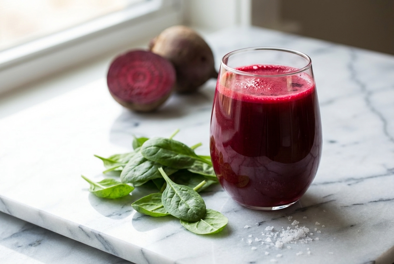 Vibrant ruby Beet Juice Recipe in a minimalist glass on white marble, garnished with fresh baby spinach and sea salt.