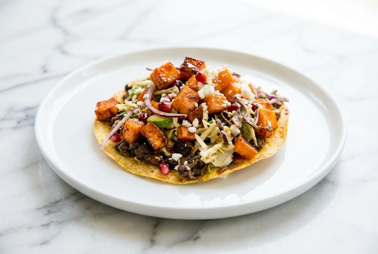 Black Bean Sweet Potato Tostadas featuring smoked paprika and honey glazed roast on a minimalist ceramic plate with soft shadows.