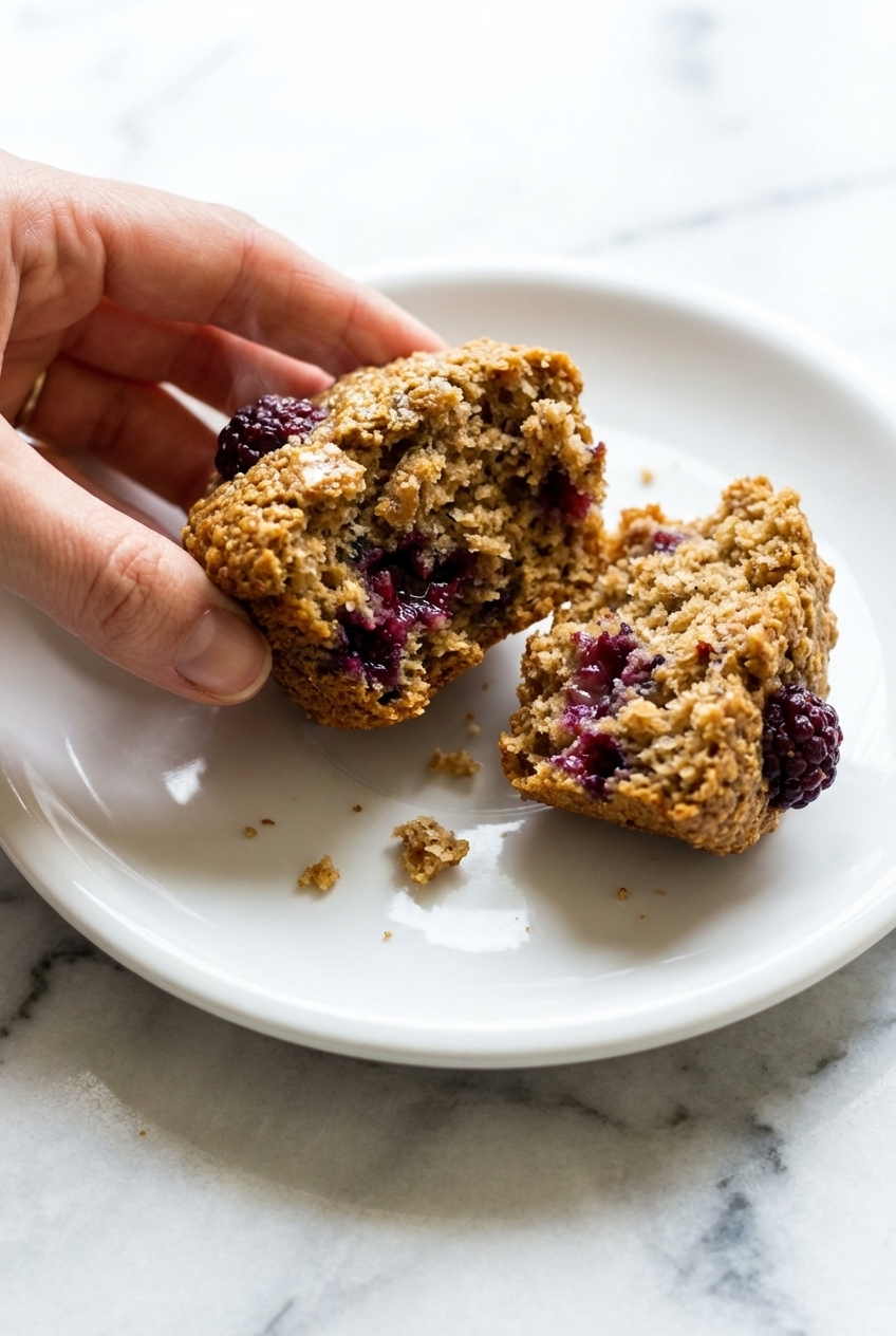Blackberry Bran Muffins in a muffin tin on a contemporary countertop with soft natural window lighting, showing the perfect rise.