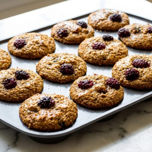 Blackberry Bran Muffins on a minimalist ceramic plate, highlighting the airy crumb from the toasted bran and brown butter method.