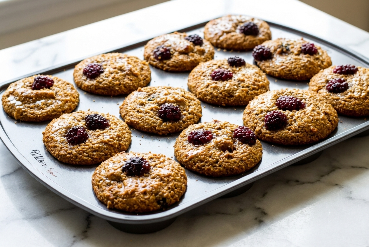 Blackberry Bran Muffins on a minimalist ceramic plate, highlighting the airy crumb from the toasted bran and brown butter method.