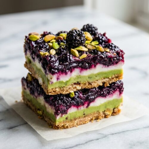 Blackberry Pistachio Dream Bars with a nutty brown butter crust and purple berry swirl on a white marble surface.