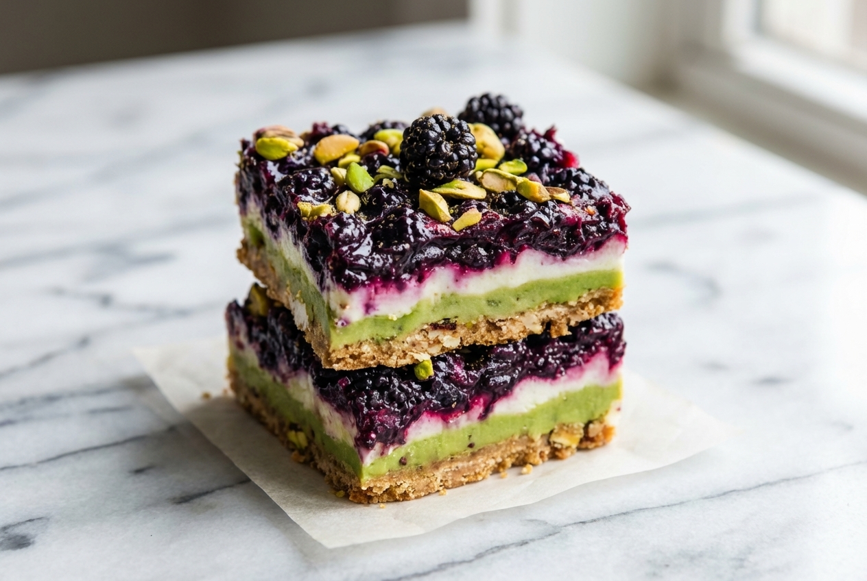 Blackberry Pistachio Dream Bars with a nutty brown butter crust and purple berry swirl on a white marble surface.