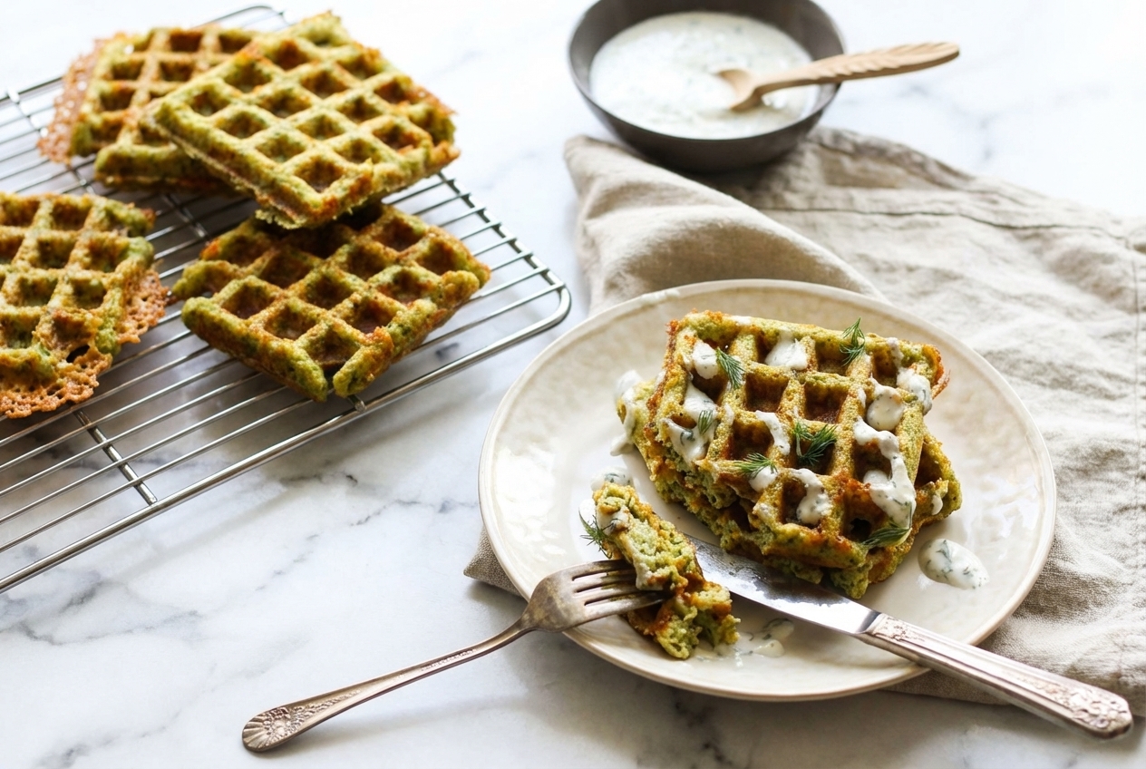 Crispy broccoli cheese waffles with a golden parmesan frico crust on a white minimalist plate, soft natural window light.