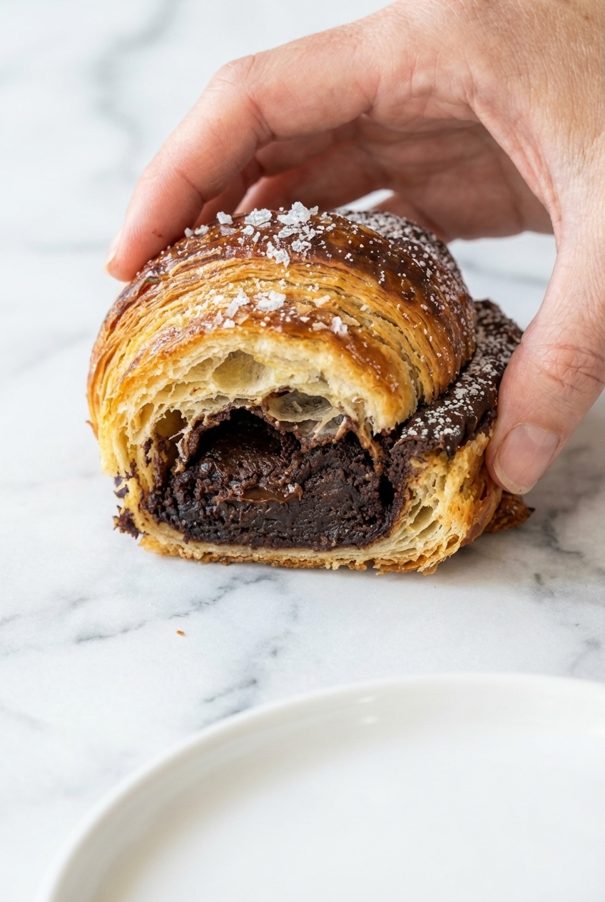 Close-up of the crispy laminated dough layers and fudgy brownie center of a Brownie Batter Croissant under natural window lighting.
