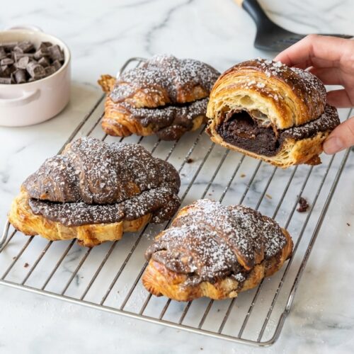 Golden Brownie Batter Croissants on a white marble surface with a sprinkle of Maldon sea salt and glossy chocolate.