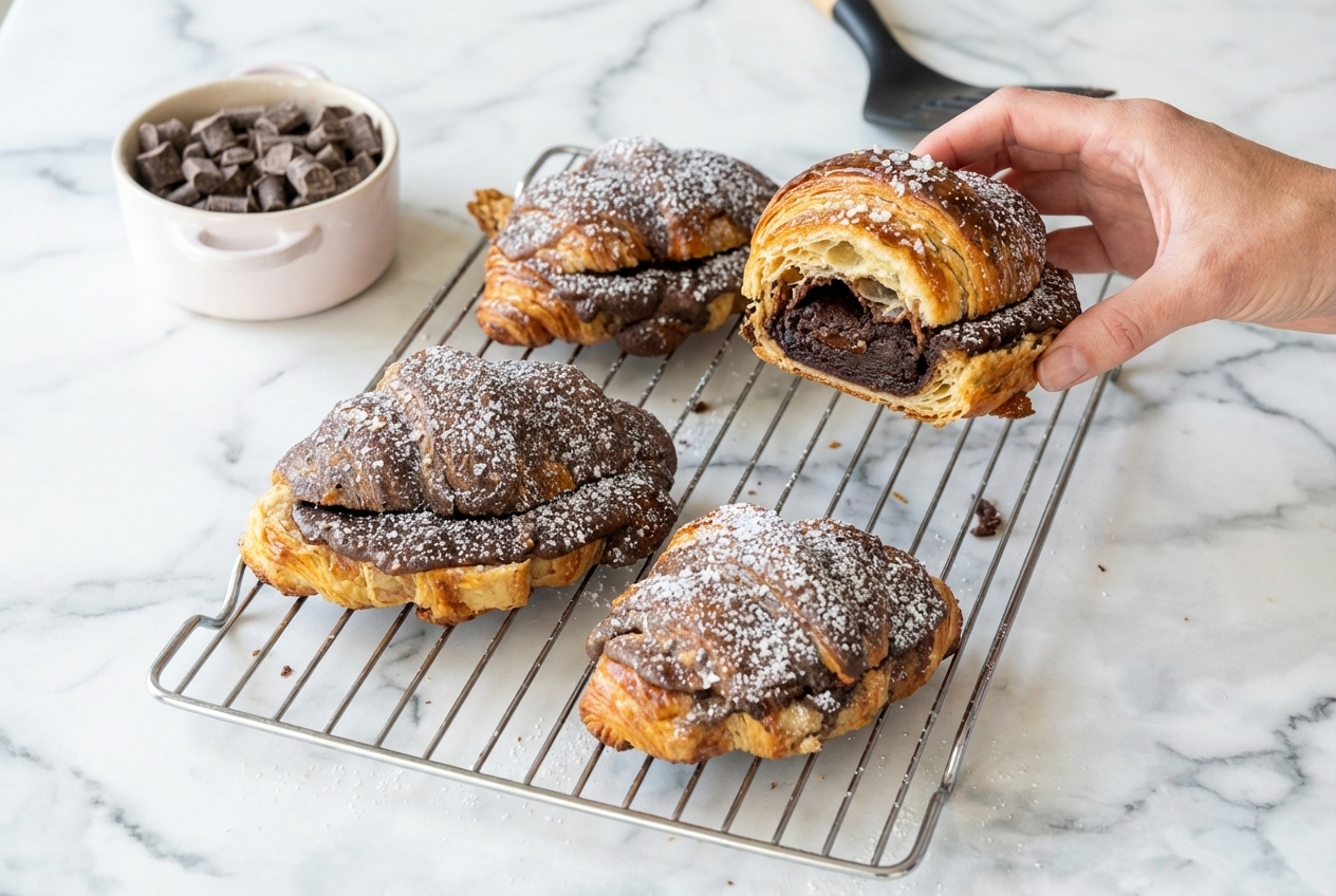 Golden Brownie Batter Croissants on a white marble surface with a sprinkle of Maldon sea salt and glossy chocolate.