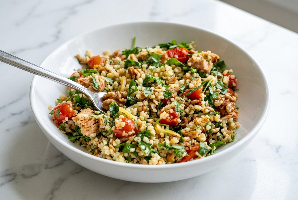 Bulgar Wheat & Tuna Mediterranean Salad with toasted walnuts and preserved lemon on a minimalist ceramic plate over white marble.