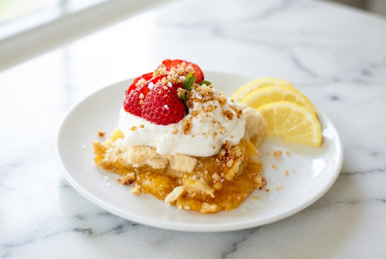 Buttery Lemon Dump Cake with a brown butter sea salt crumb on a white marble surface in natural window lighting.