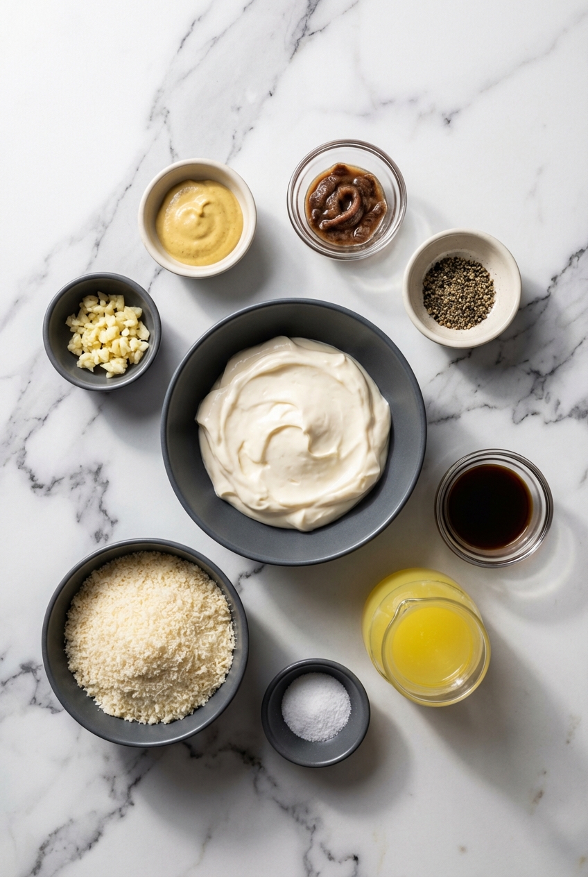 Flat lay of ingredients for caesar salad dressing recipe including Parmigiano-Reggiano, anchovy paste, and Dijon mustard.