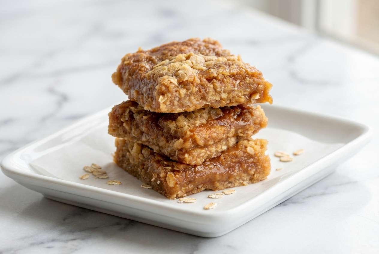 Caramel Crush Bars on white marble featuring a nutty browned butter shortbread crust and gooey caramel.